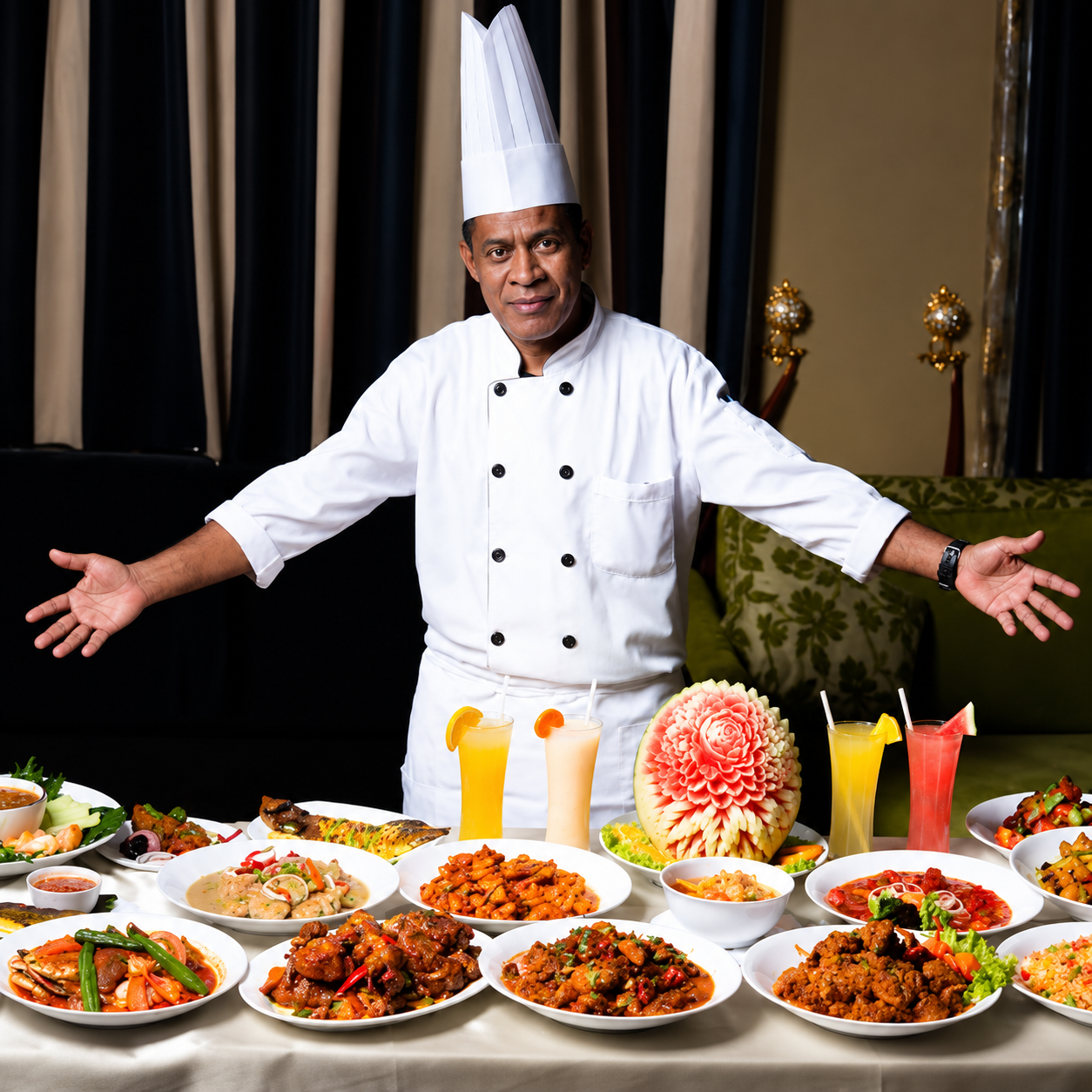 chef presenting an abundant feast